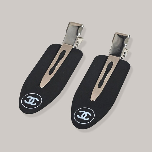 Authentic CHANEL Hair Clips Barrettes Pair Stocking Stuffer - BLACK - Picture 1 of 2